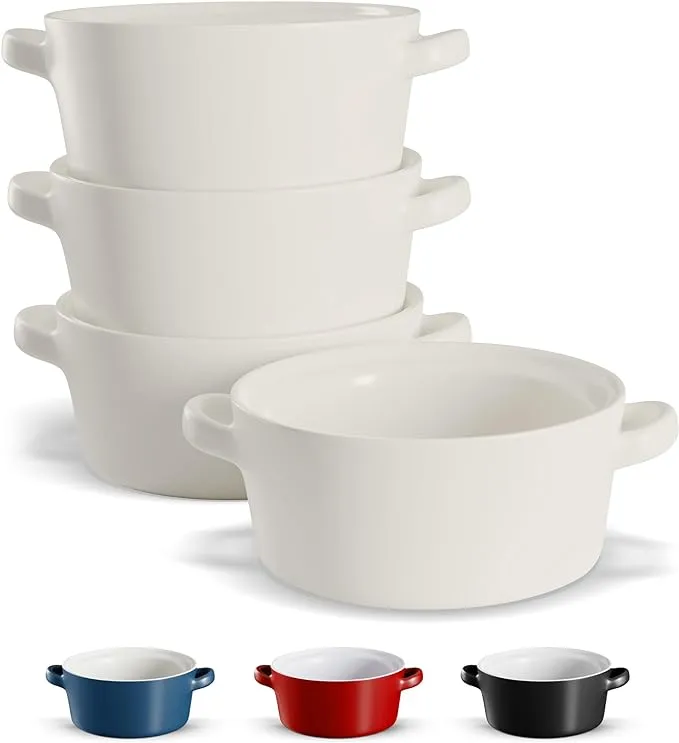 Kook Soup Crocks, Ceramic Stackable Bowls, Broil, Oven, Microwave and Dishwasher Safe, with Handles, For Casserole, Pasta, Cereal, 23.6 oz, Set of 4 (Matte White)