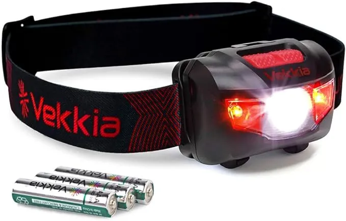 Vekkia Ultra Bright LED Headlamp-5 Lighting Modes,White & Red LEDs Head Lamp, Camping Accessories Gear. IPX6 Waterproof Headlight for Running,Cycling,Fishing,Hiking,Repairing. Batteries Included