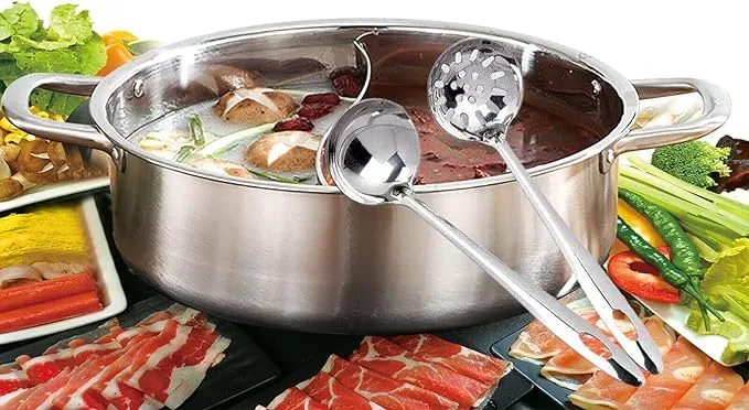 Dual Sided Stainless Steel Shabu Shabu Hot Pot with Glass Lid, 30cm