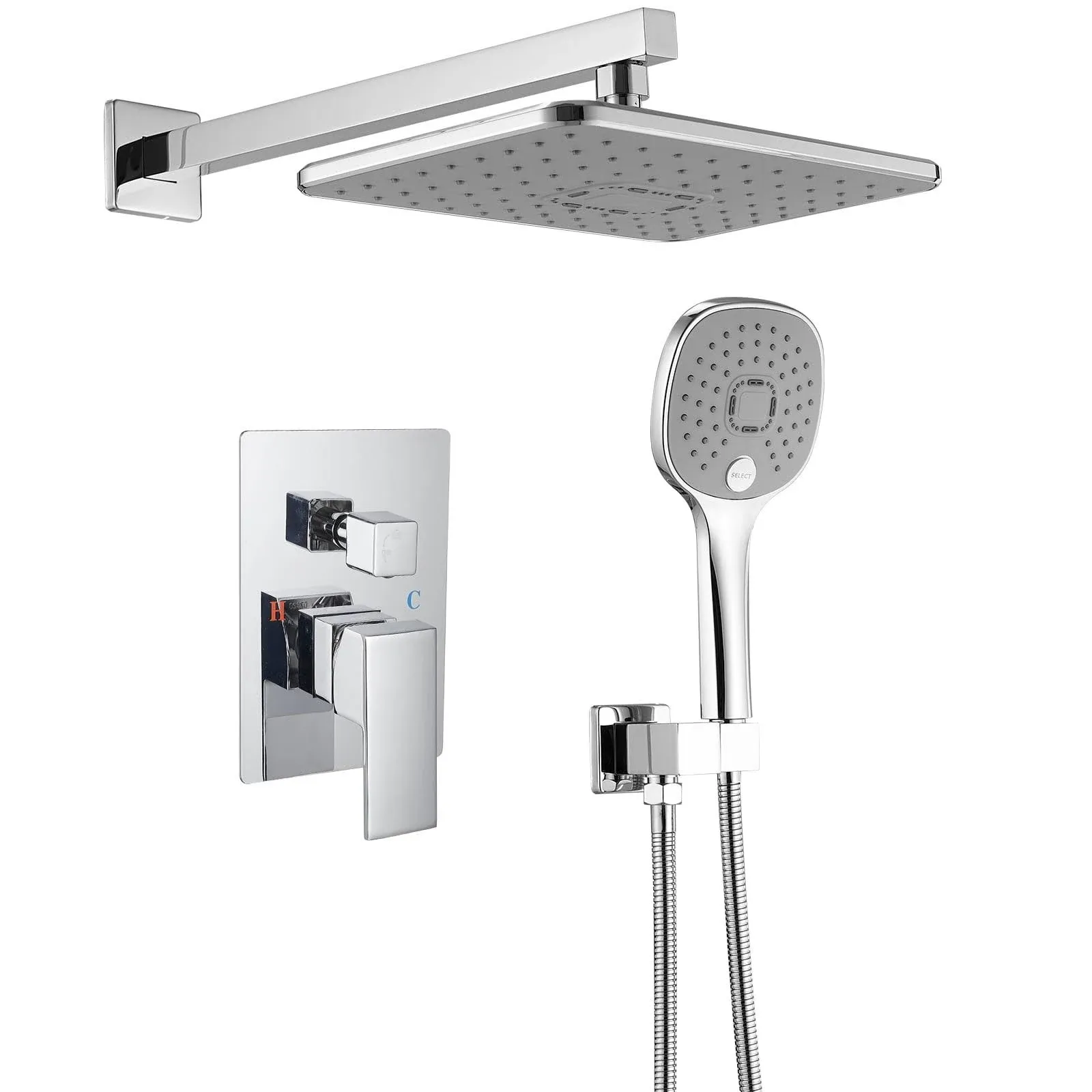 BWE Polished Chrome 1-Handle Multi-Head Rectangle Shower Set with Faucet Valve Included