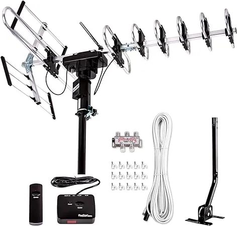 Five Star Outdoor Digital Amplified HDTV Antenna - up to 200 Mile Long Range,Directional 360 Degree Rotation,HD 4K 1080P FM, Supports 5 TVs Plus Installation Kit and Mounting Pole