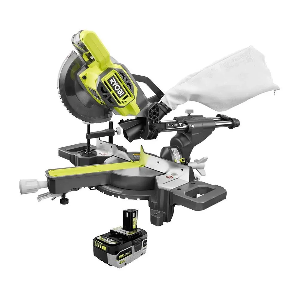 RYOBI 7-1/4&#034; 18V SLIDING COMPOUND MITER W/ LI-ION 4.0Ah BATTERY, CHARGER OPEN BX