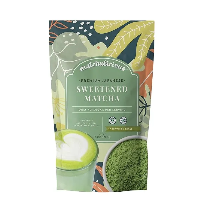 Matchalicious Japanese Matcha Powder, Sweetened Green Tea Powder Vegan, Gluten Free, Low Sugar, For Baking, Lattes, Smoothies, and Matcha Tea, Just Add Water, Dissolves Easily, 17 Servings, 6 oz