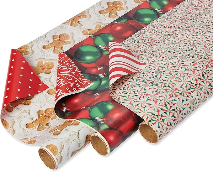 American Greetings 120 sq. ft. Christmas Wrapping Paper Bundle, Gingerbread, Ornaments, Peppermints (3 Rolls 40 in. x 12 ft.)American Greetings 120 sq. ft. Christmas Wrapping Paper B…