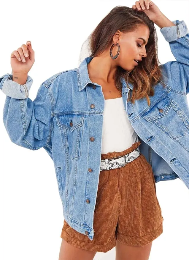 Deslimale Jean Jacket Women Oversized Black Denim Jacket (S, Light Blue Washed)