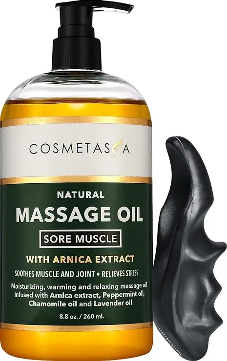 Cosmetasa Sore Muscle Massage Oil with Deep Tissue Massager - Thumb Saver and Oil Soothes Muscle and Joint with Arnica Extract, Peppermint, Chamomile, and Lavender Oil 8.8 Fl Oz