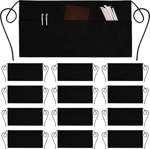 GREEN LIFESTYLE 12 Pack Server Aprons with 3 Pockets - Waist Apron, Waitress for