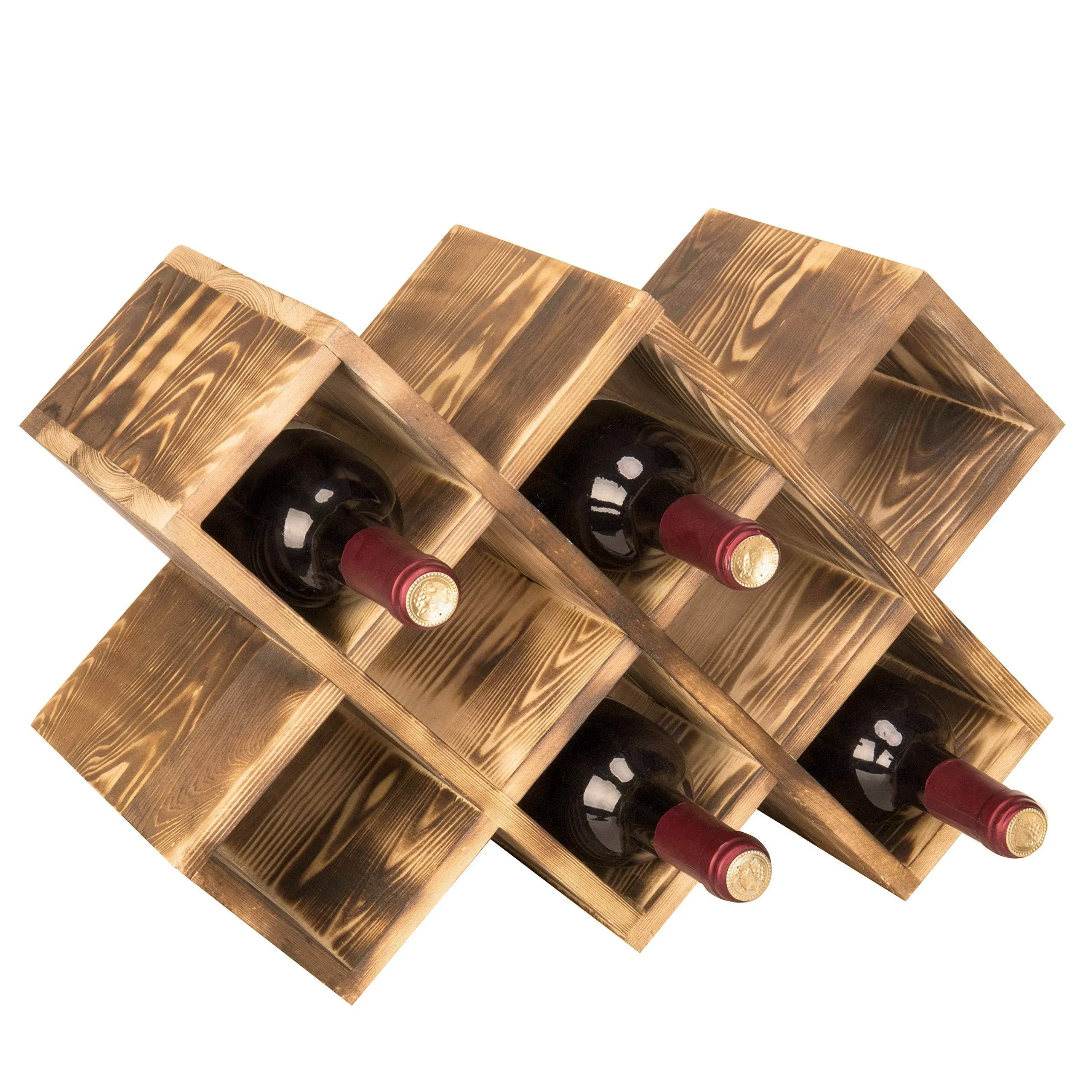 MyGift Rustic Brown Solid Wood Tabletop Wine Bottle Holder Rack with Geometric Cross Hatch Design, Vertical or Horizontal Display, Holds up to 8 Bottles