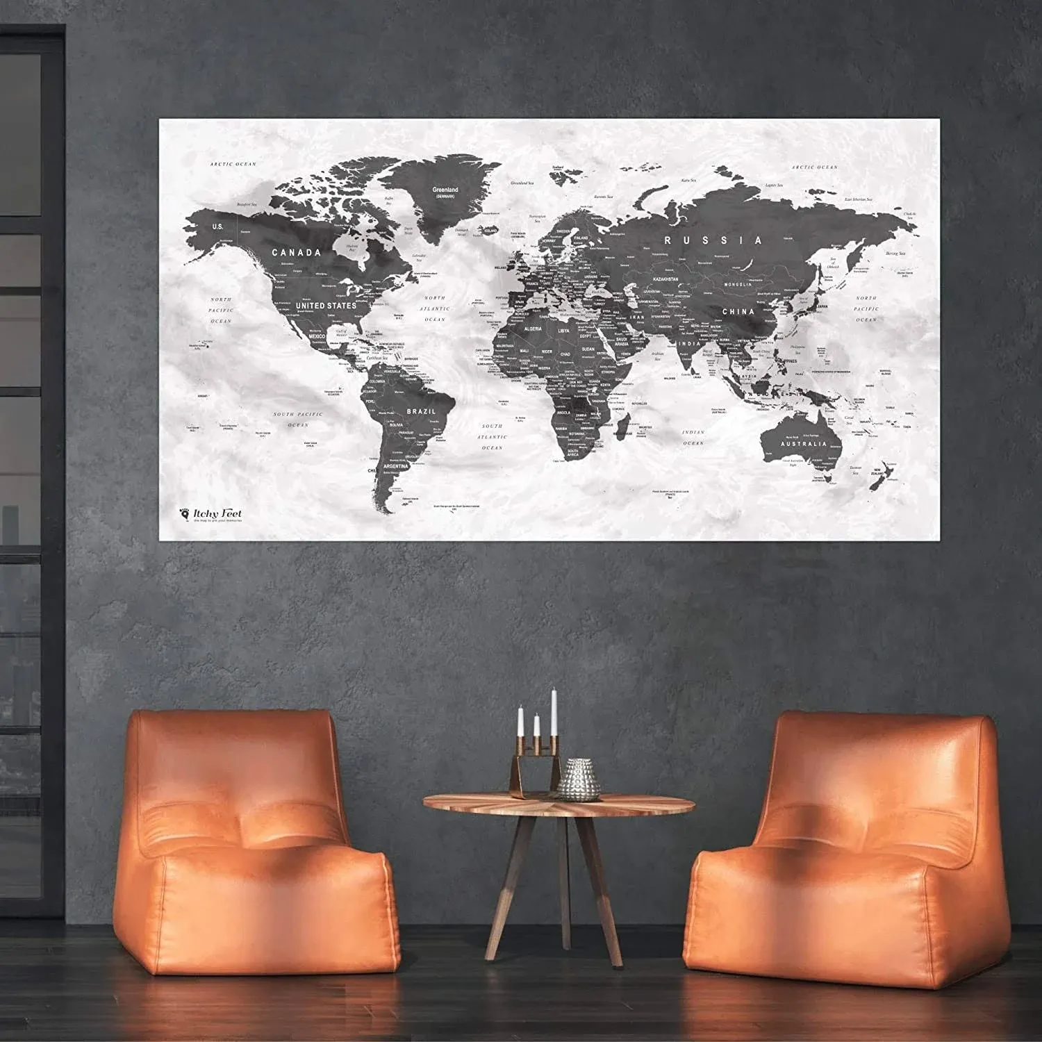 World Map XXL 51 x 28 inches, Fleece Wall Hanging as Travel Pin Board in Modern Wall Art Design, 20 Flag Push Pins included