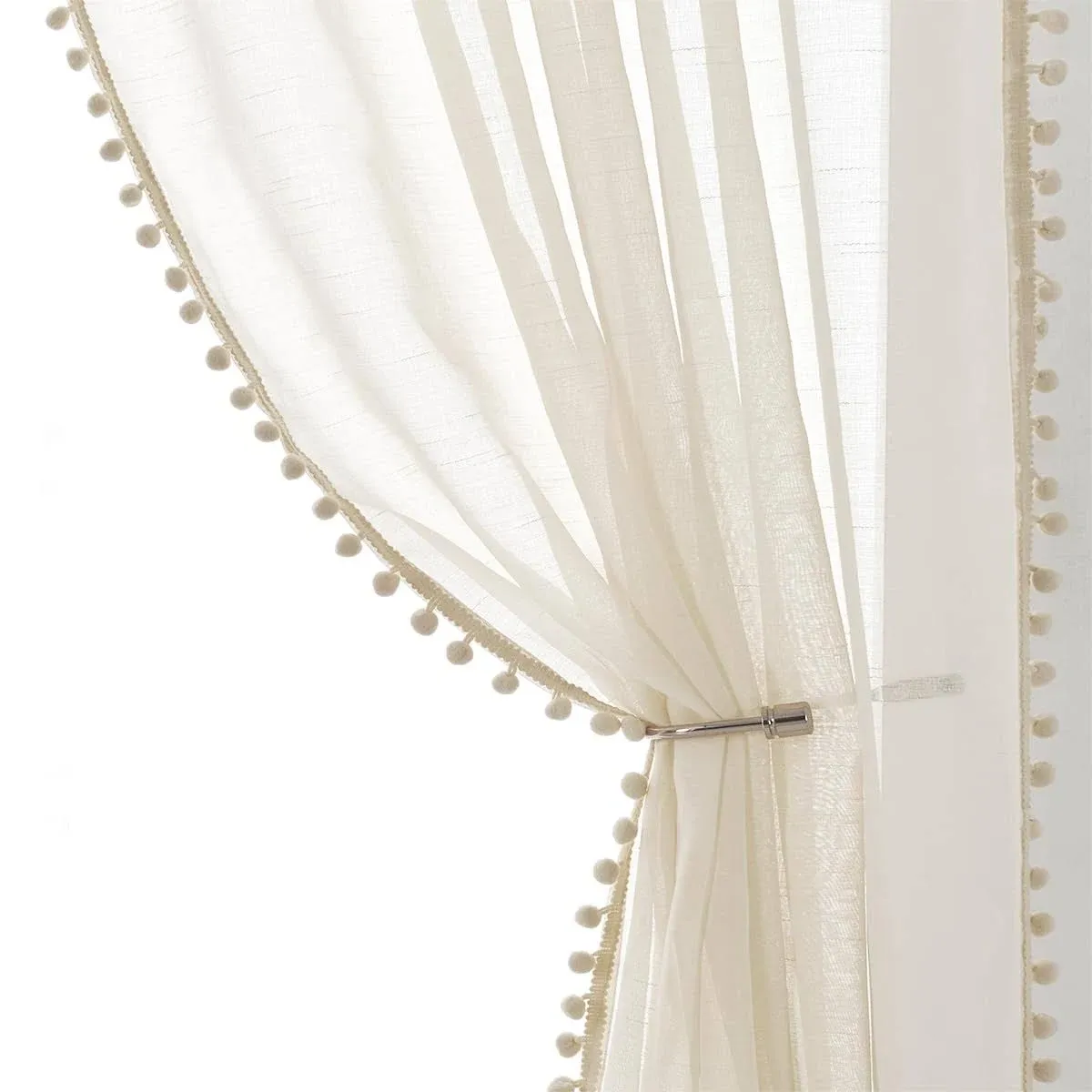  Pom Pom Linen Sheer Curtains for Living Room 63 inches 52&#034; x 63&#034; Natural Linen