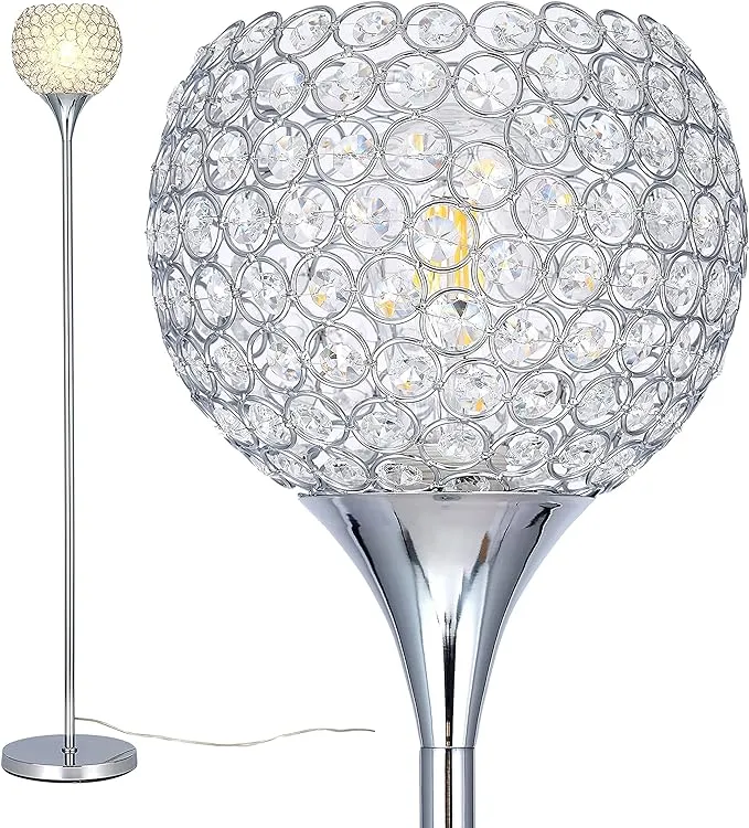 DFL Spherical Crystal Floor Lamp, 7.9 inch Shade 1-Light Modern Chrome Finish Floor Lamp, Crystal Floor Lamp Fixture for Living Room, Bedroom, Dining Room, Office, E26 Base, LED Bulb Included