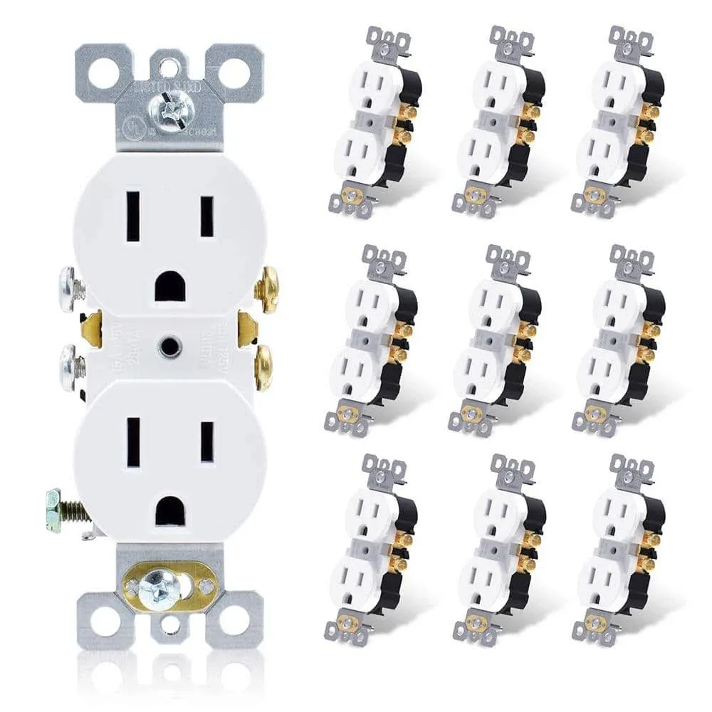 ELEGRP 15 Amp 125V Residential Grade Self Grounding Duplex Outlet, White (10-Pack)