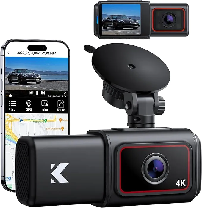 Kingslim D6 4K Dual Dash Cam - WiFi dash cam front and inside, Matte Black 