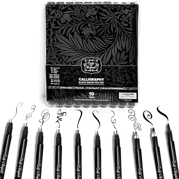 Craft 'n' Beyond Calligraphy Brush Pens Pack of 10 Markers for Hand Lettering, Art Drawing, Sketching, Scrapbooking, Journaling - Beginner Kit with Fadeproof Black Ink