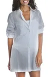 Shop La Blanca Island Fare Resort Long Sleeve Crinkled Cover-up Shirtdress In White