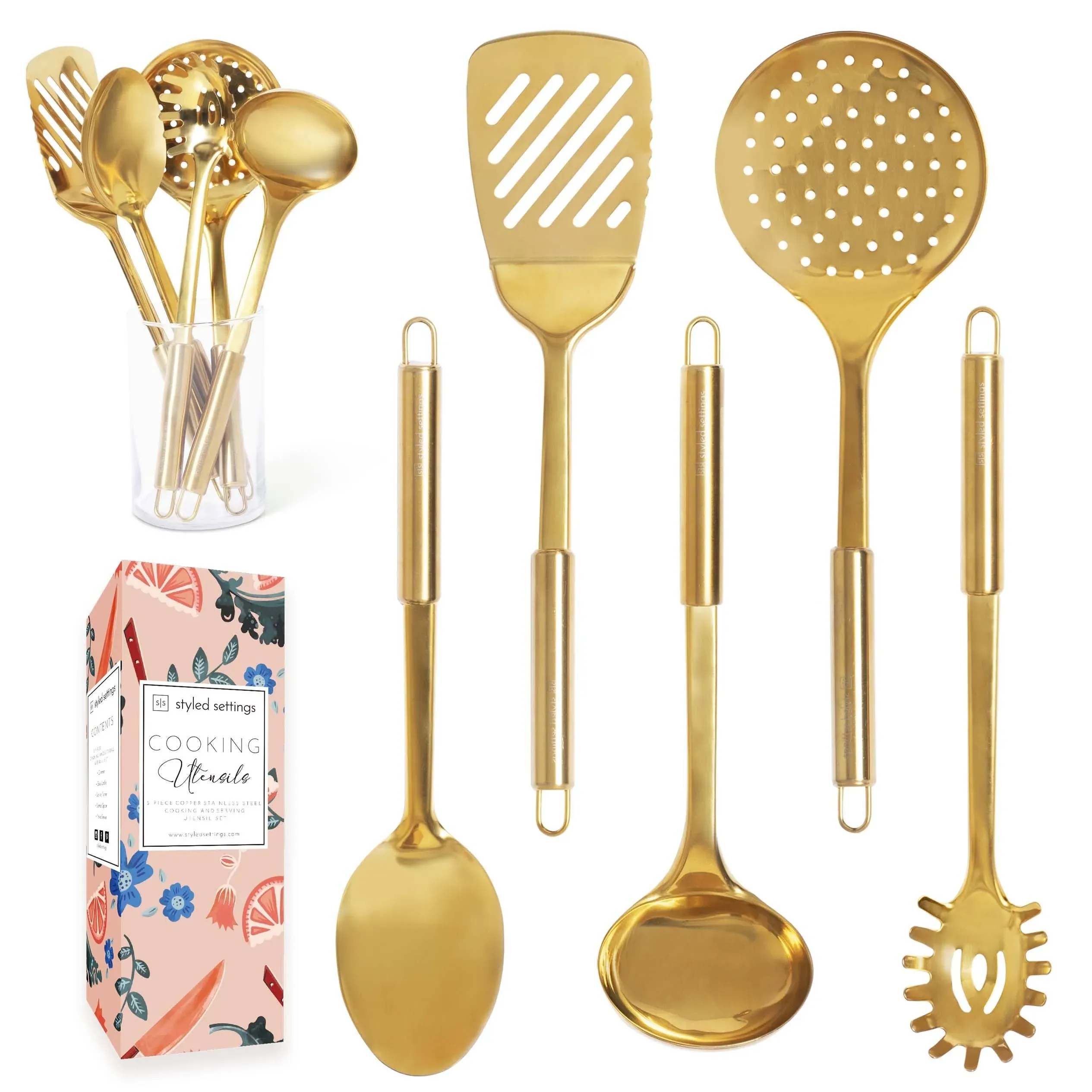 Brass/Gold Cooking Utensils Set for Modern Cooking and Serving - 5 PC Dishwasher Safe Stainless Steel Gold Utensils Set - Serving Spoon, Ladle - Kitchen Utensils