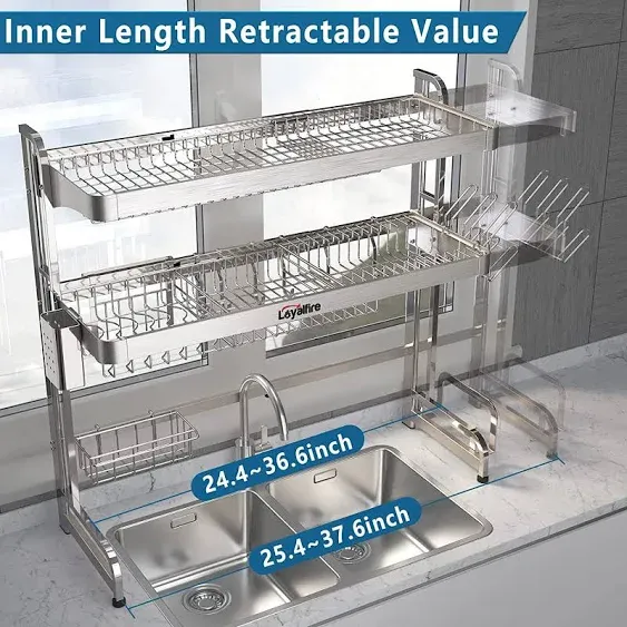 Over Sink Dish Drying Rack, 3 Tier Adjustable Length (20.87'' to 37.6'') Full Stainless Steel Large Storage Kitchen Dish Rack, Expandable Drainer Shelf Rack with Multifunctional