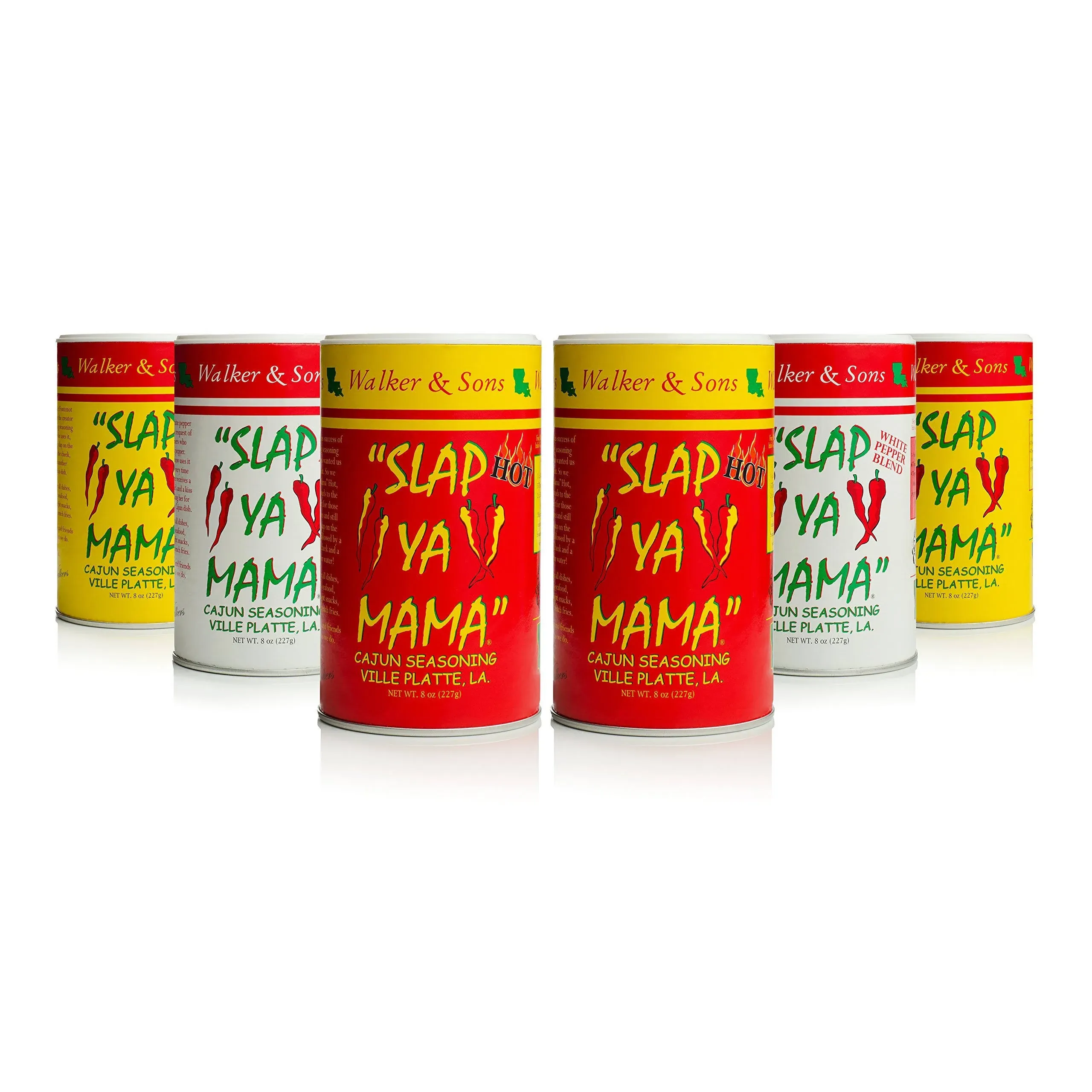 Slap Ya Mama Cajun Seasoning from Louisiana Spice Variety Pack, 8 Ounce Cans, 2 Cajun, 2 Cajun Hot, 2 White Pepper Blend