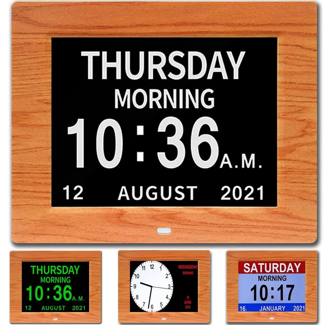 CAZOKASI 3 Displays 8inch Clock with Day and Date for Elderly Extra Large Impaired Vision Digital Calendar Clock with Non-Abbreviated Alarm Clock Day Clock Photo Frame Auto Dimmable