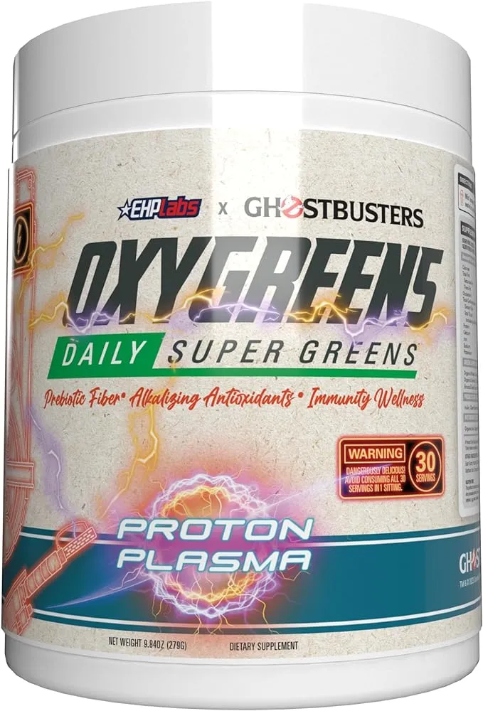 EHP Labs x Ghostbusters OxyGreens Super Greens Powder - Spirulina & Chlorella Superfood, Green Juice Powder with Prebiotic Fibre, Antioxidants & Immunity Support, 30 Serves (Proton Plasma)