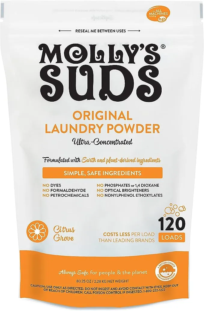 Molly's Suds Original Laundry Detergent Powder | Natural Laundry Detergent Powder for Sensitive Skin | Earth-Derived Ingredients, Stain Fighting | 120 Loads (Citrus Grove)