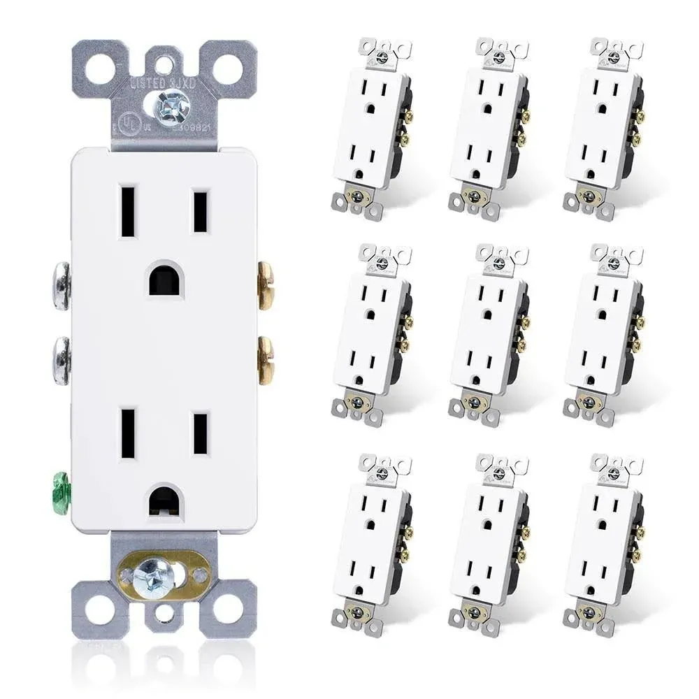 ELEGRP 15 Amp 125V Residential Grade Self Grounding Duplex Outlet, White (10-Pack)