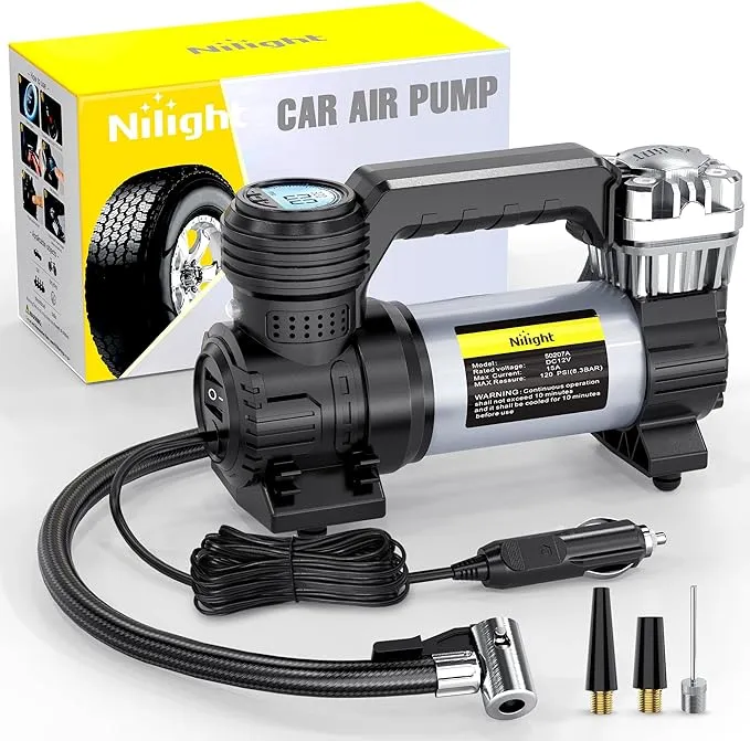 Nilight Portable Air Compressor Tire Inflator 12V Heavy Duty 120PSI Metal Tire Pump Double Cylinder Digital Tire Pressure Fast Inflate Auto Shutoff Tire Pump for Car SUV Motorcycle