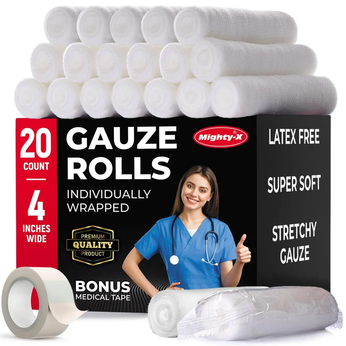 Premium Gauze Rolls - (20 Pack) - 4" x 4.1yd First Aid Rolled Gauze - Individually Wrapped + Bonus Tape - Breathable Conforming Gauze Wrap Roll for Wounds - Mummy Wraps