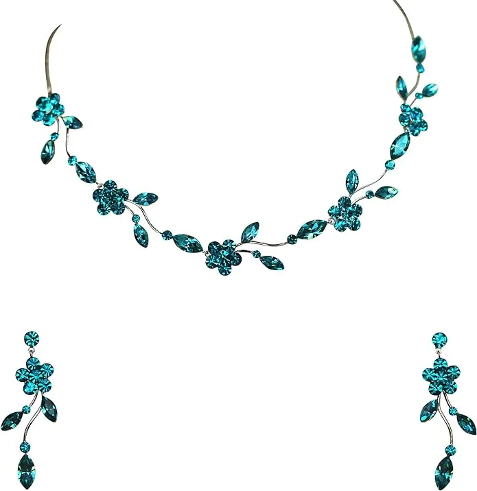 Faship Gorgeous Rhinestone Crystal Floral Necklace Earrings Set