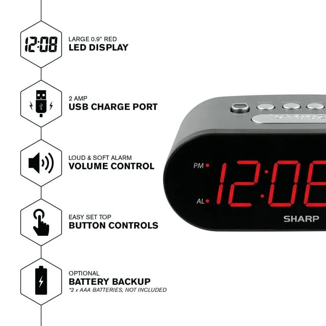 SHARP Digital Easy to Read Alarm Clock with 2 AMP High-Speed USB Charging Power Port - Charge Your Phone, Tablet with a high Speed Charge! Simple, Easy Operation, Midnight BlackSHARP Digital Easy to Read Alarm Clock with 2 AMP High-Speed USB Charging Pow