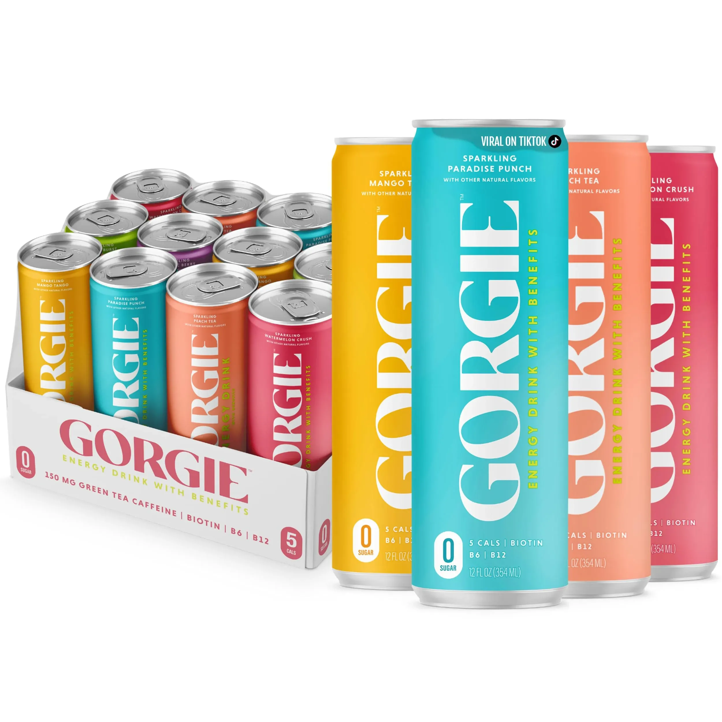 Gorgie Bestsellers Variety, Sugar-Free Natural Energy Drink Sparkling, Healthy Energy Drinks - Green Tea, Biotin, B Vitamins -150mg Caffeine, Vegan,