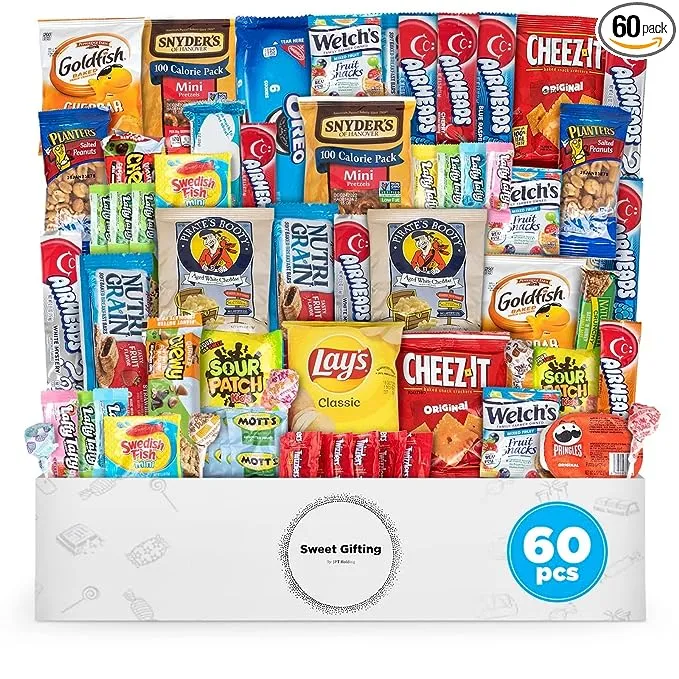 Snacks Variety Pack for Adults (60 Count) Chips, Cookies, Candy Assortment Valentines Day Gift Box, College Student, Adults, Kids, Birthday Party