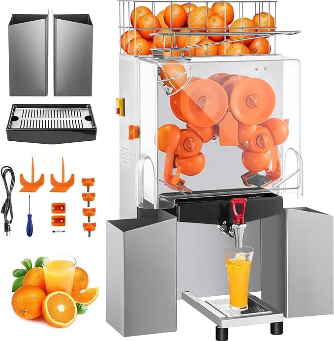 VEVOR Commercial Orange Juicer Machine, 120W Automatic Juice Extractor, Stainless Steel Orange Squeezer for 20 Oranges Per Minute, with Pull-Out Filter Box, PC Cover, 2 Peel Collecting Buckets