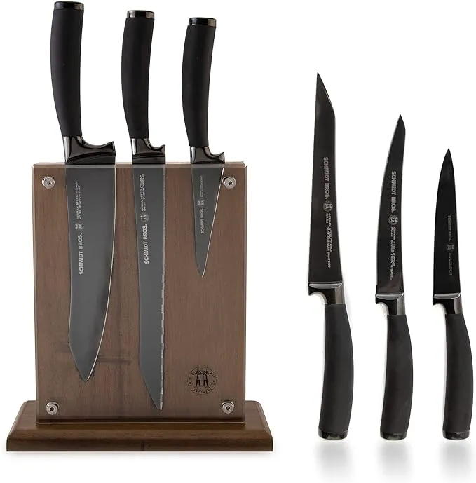 Schmidt Brothers - Titan 22-Series 7-Piece Kitchen Knife Set, High-Carbon German Stainless Steel Cutlery Coated In Pure High-Polish Titanium, Santoprene Handles and Clear Acrylic Magnetic Knife Block