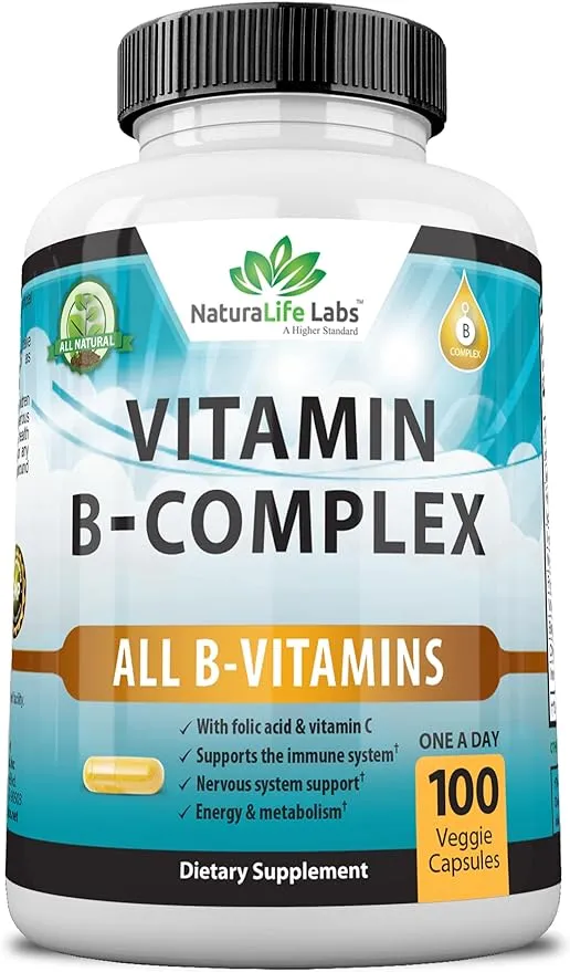 NaturaLife Labs A Higher Standard Vitamin B Complex with Vitamin C and Folic Acid - B12, B1, B2, B3, Vitamin B5 Pantothenic Acid, B6, B7, B9 - Nervous System Support 100 Veggie Capsules