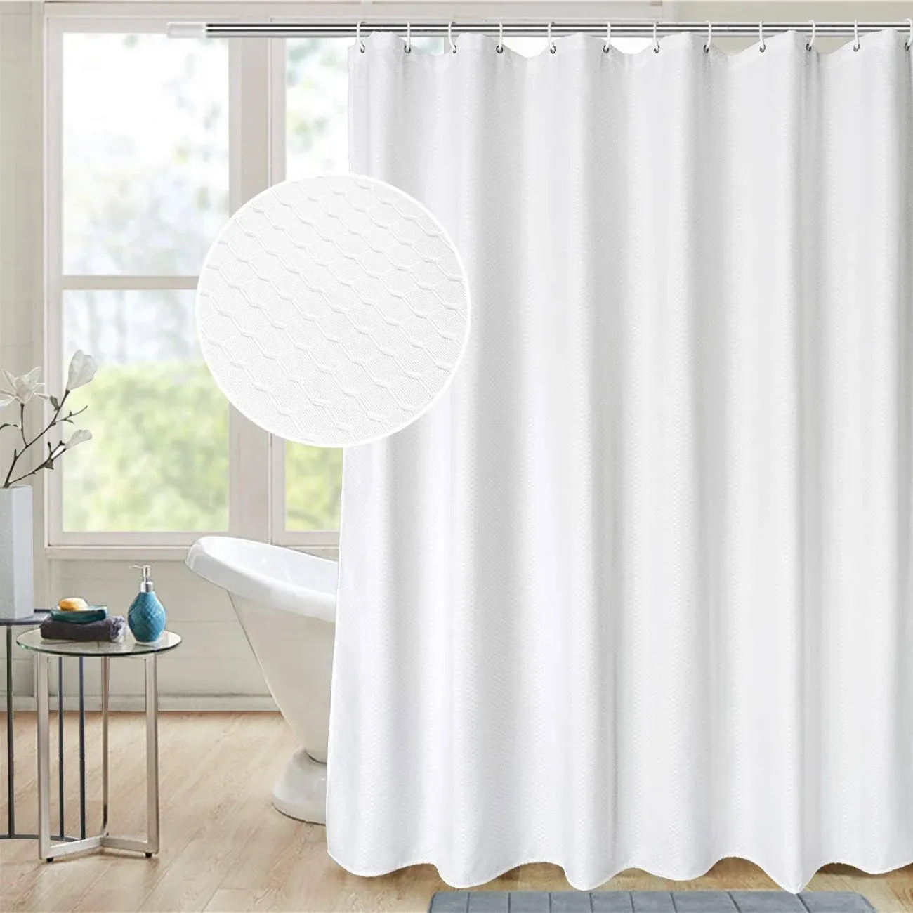 White Waffle Weave Shower Curtain 75 Inch Long Heavy Duty Fabric Bath Curtain Wi