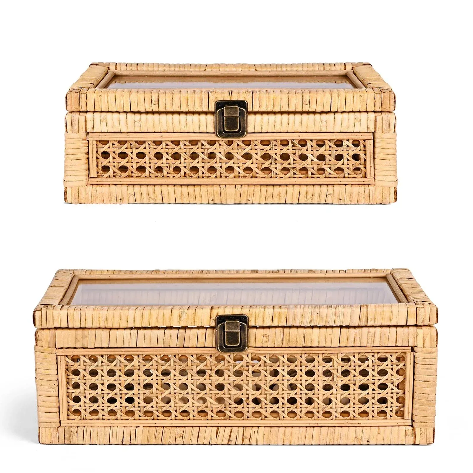 Rattan Decorative Box with Lid, Rectangular Woven with Glass for Display, Set of 2 Wicker for Decor