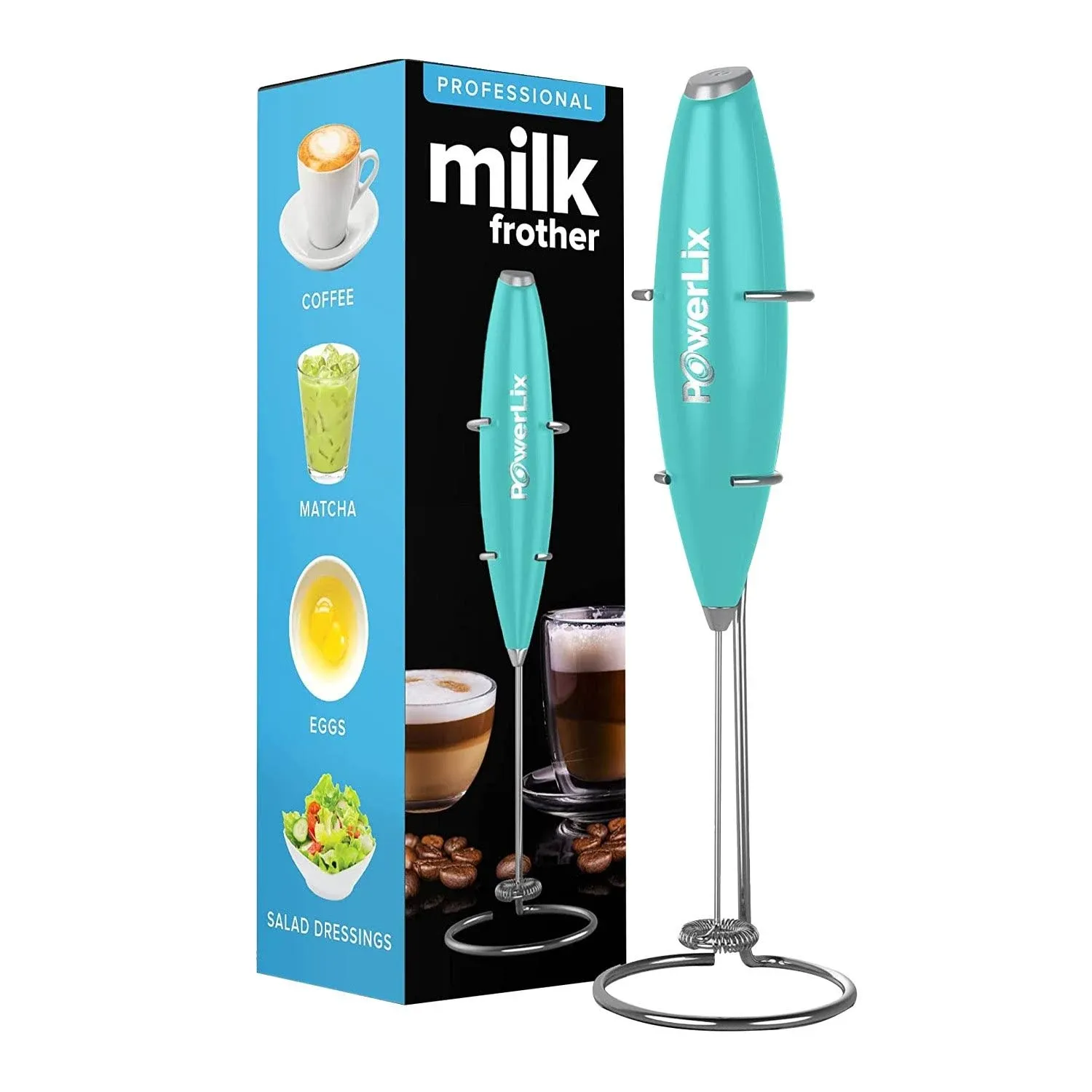 PowerLix Milk Frother Handheld Battery Operated Electric Whisk Foam Maker For Coffee, Latte, Cappuccino, Hot Chocolate, Durable Mini Drink Mixer With Stainless Steel Stand Included (Carribean Aqua)