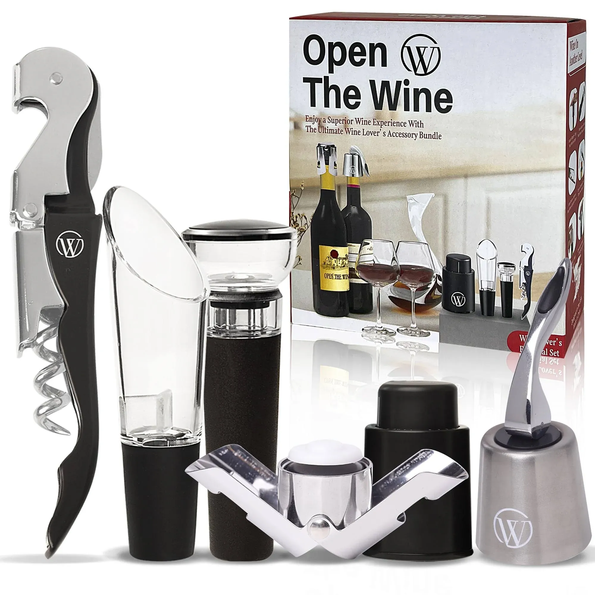 Open The Wine Accessory Kit - 6 Piece Wine Opener Set with Manual Corkscrew,New