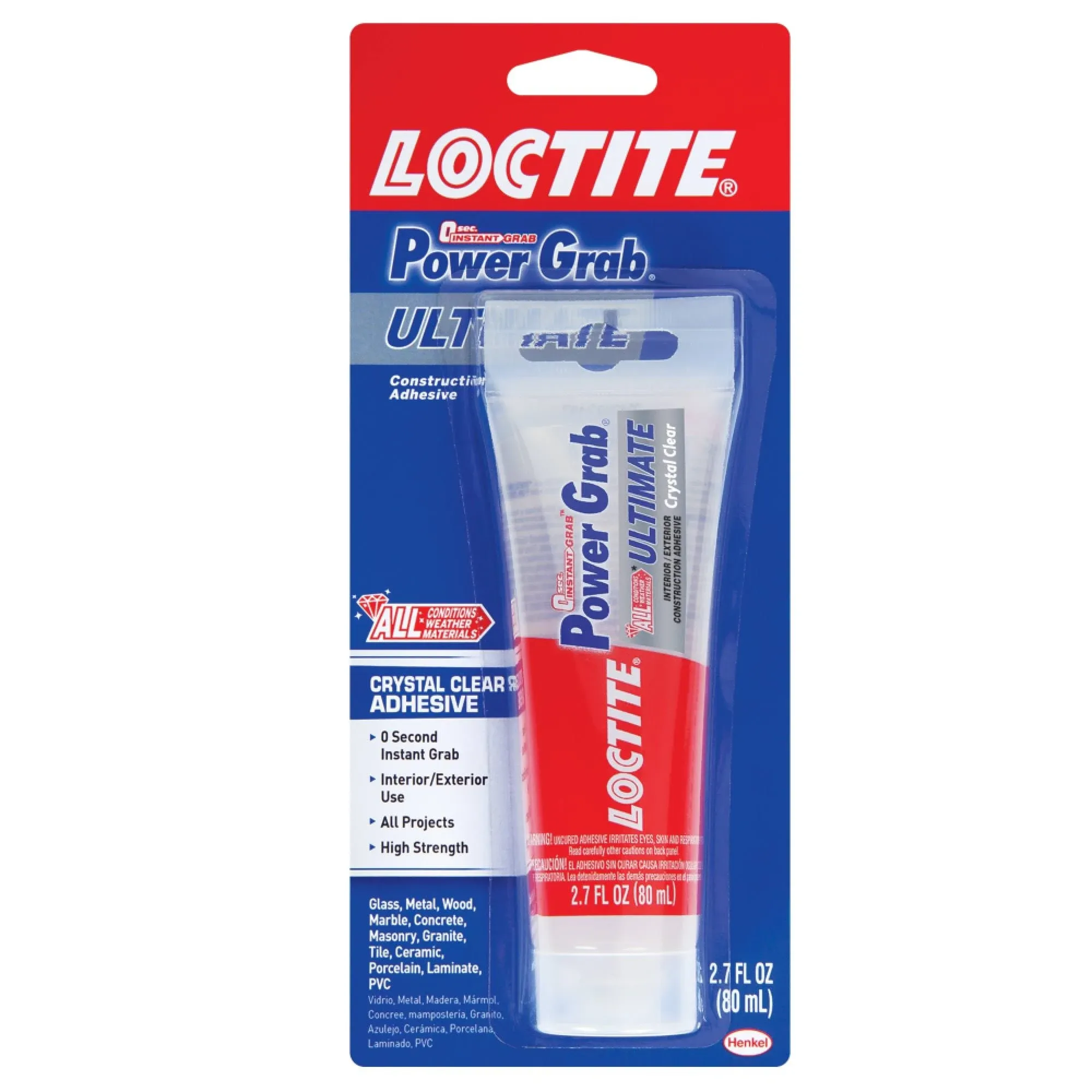 Loctite Power Grab Ultimate Crystal Clear Construction Adhesive - Versatile Construction Glue for Glass, Wood, Metal & More - 2.7 fl oz Tube, 6 Pack