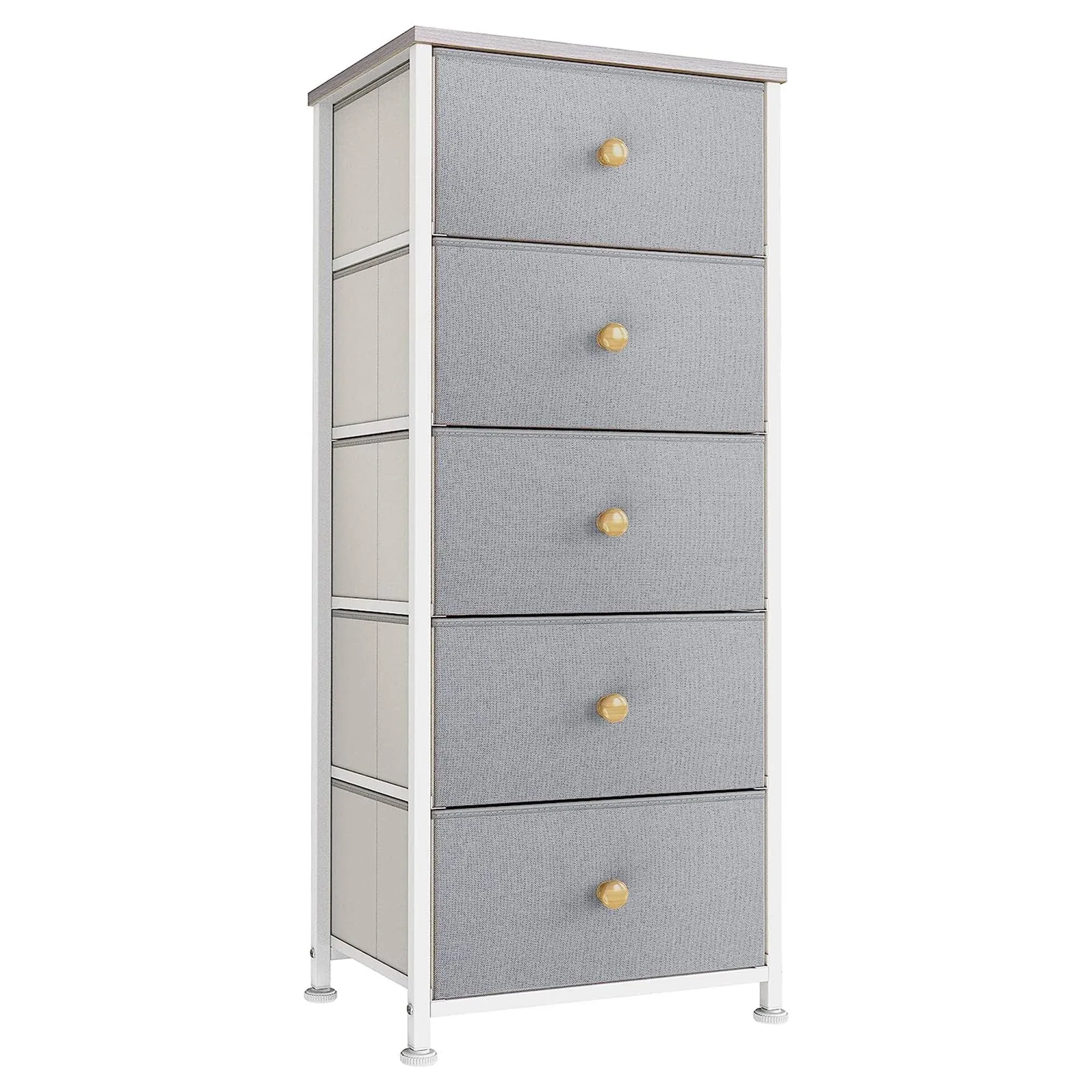 REAHOME Vertical Narrow Metal Tower Dresser with 5 Fabric Drawer Bins, Gray