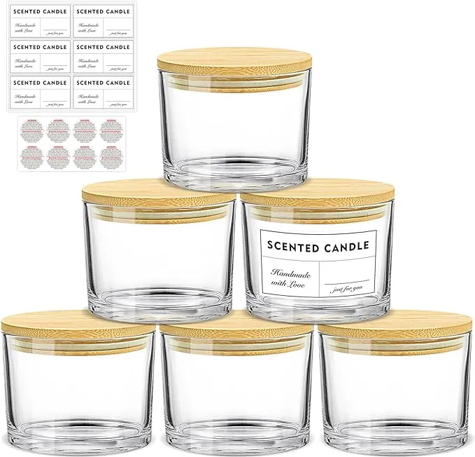 SUPMIND 16oz Candle Jars 6 Pack - 3 Wick Empty Clear Glass Candle Making Jars with Bamboo Lids and Sticky Labels, Bulk Candle Jars for Making