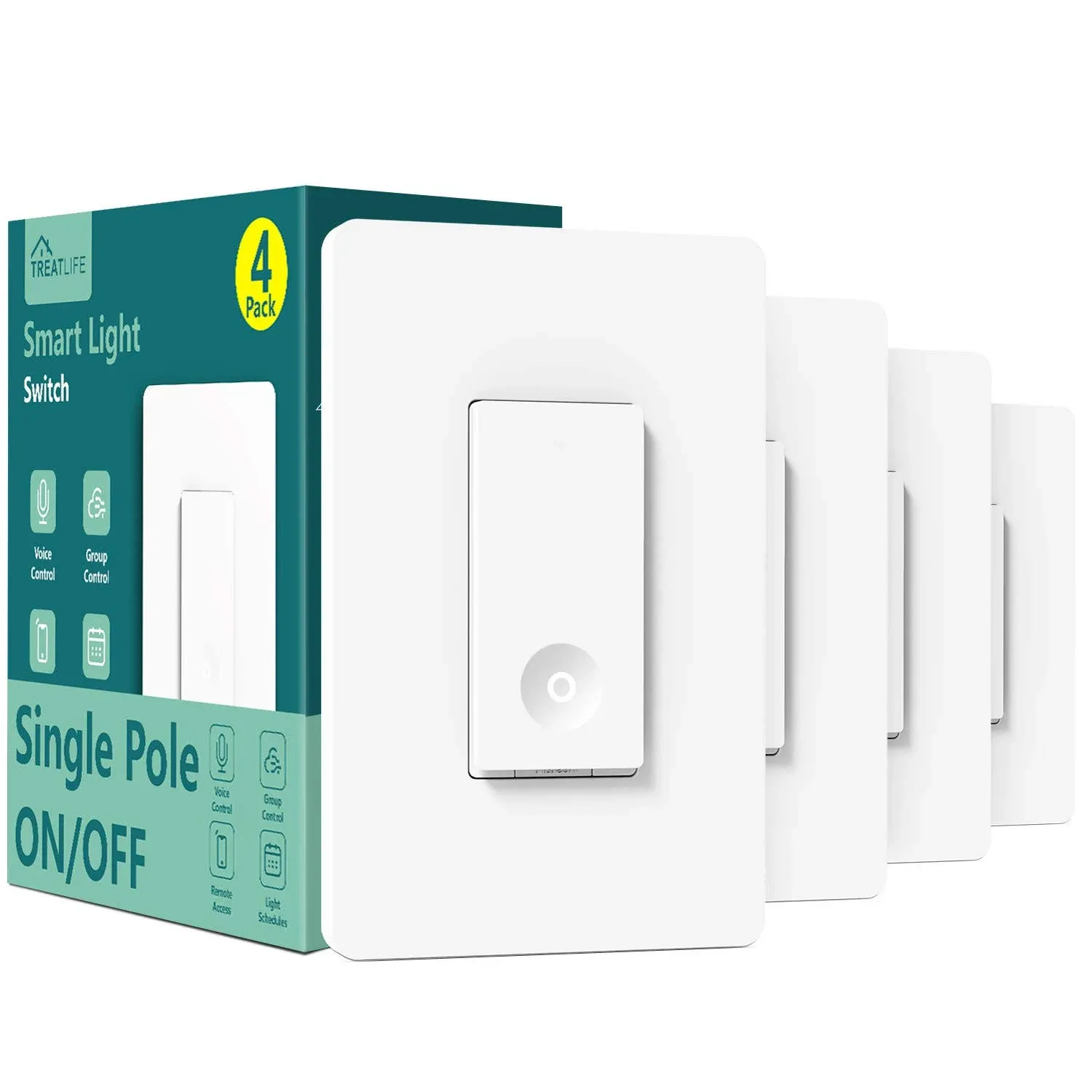 Treatlife Smart Switch 4 Pack, 2.4ghz Smart Light Switch WiFi Light Switch Single ...