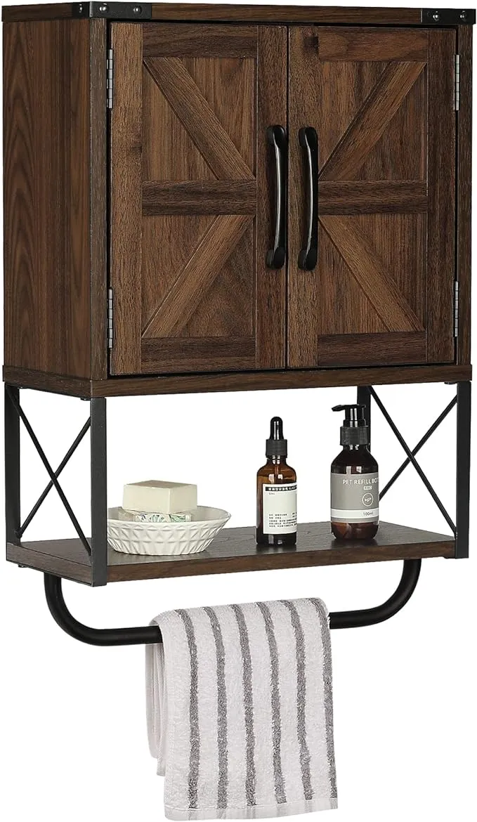 RUSTOWN Farmhouse Rustic Medicine Cabinet with Two Barn Door,Wood Wall Mounted Storage Cabinet with Adjustable Shelf and Towel Bar, 3-Tier Bathroom Cabinet for Bathroom, Living Room (Dark Walnut)