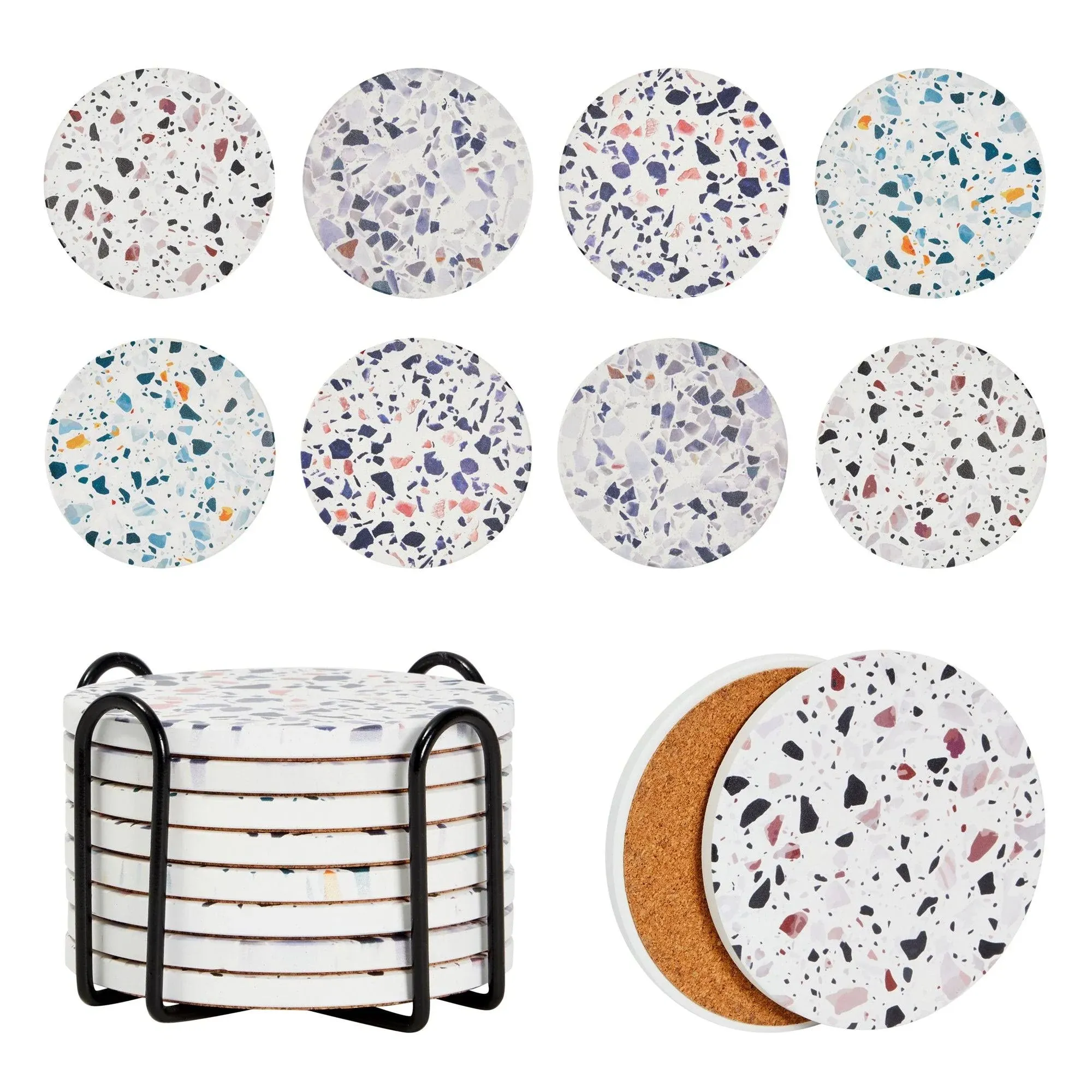 Set of 8 round Terrazzo Ceramic Coasters with Holder and Cork Base, Housewarming