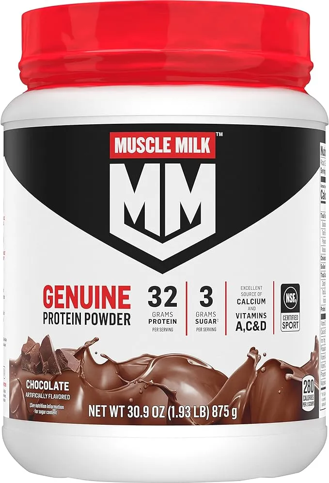 Muscle Milk Genuine Protein Powder, Chocolate, 4.94 Pound, 32 Servings, 32g Protein, 2g Sugar, Calcium, Vitamins A, C & D, NSF Certified for Sport, Energizing Snack, Packaging May Vary