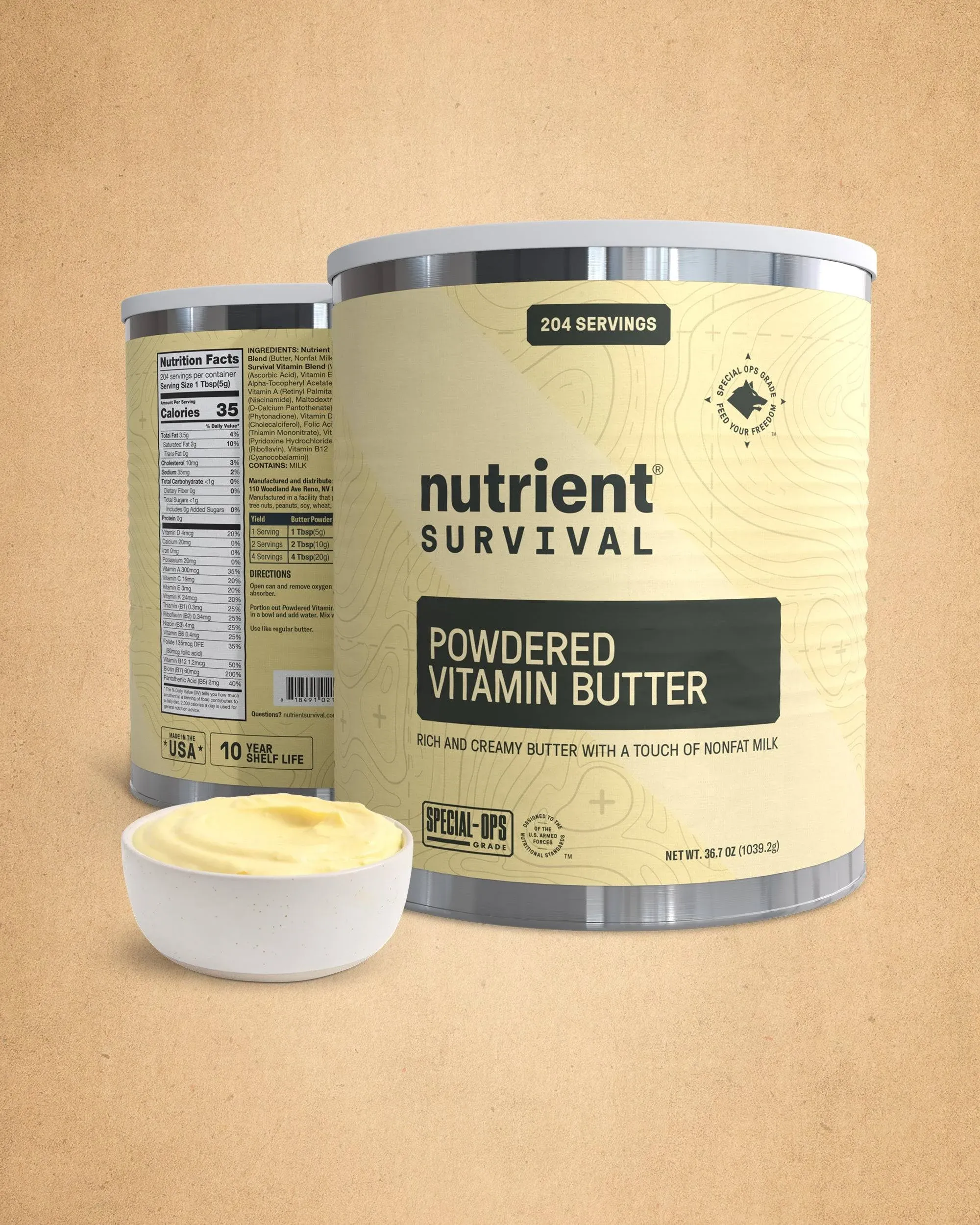 Nutrient Survival Vitamin Butter Powder, Freeze Dried Prepper Supplies & Emergency Food Supply, 16 Essential Nutrients, Soy & Gluten Free, Shelf Stable Up to 10 Years, One Can, 204 Servings