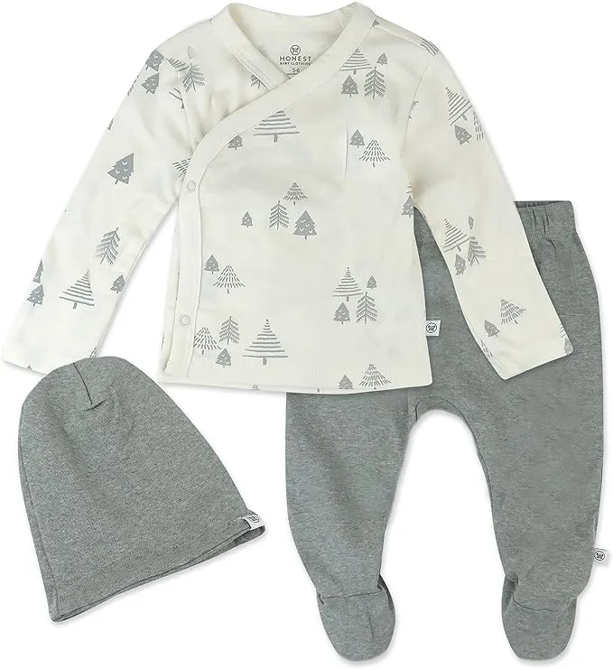 HonestBaby 3-Piece Organic Cotton Kimono Top, Footed Pant & Headband/Beanie Set ...