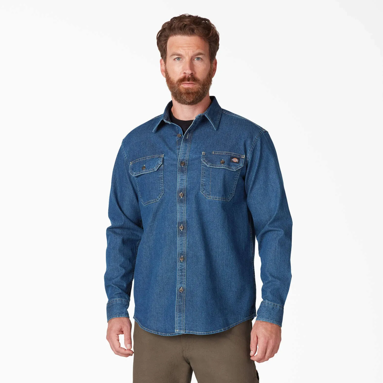 Dickies mens Dickies Men's Flex Denim Long Sleeve Button Down Shirt, Medium Denim Wash, Small US