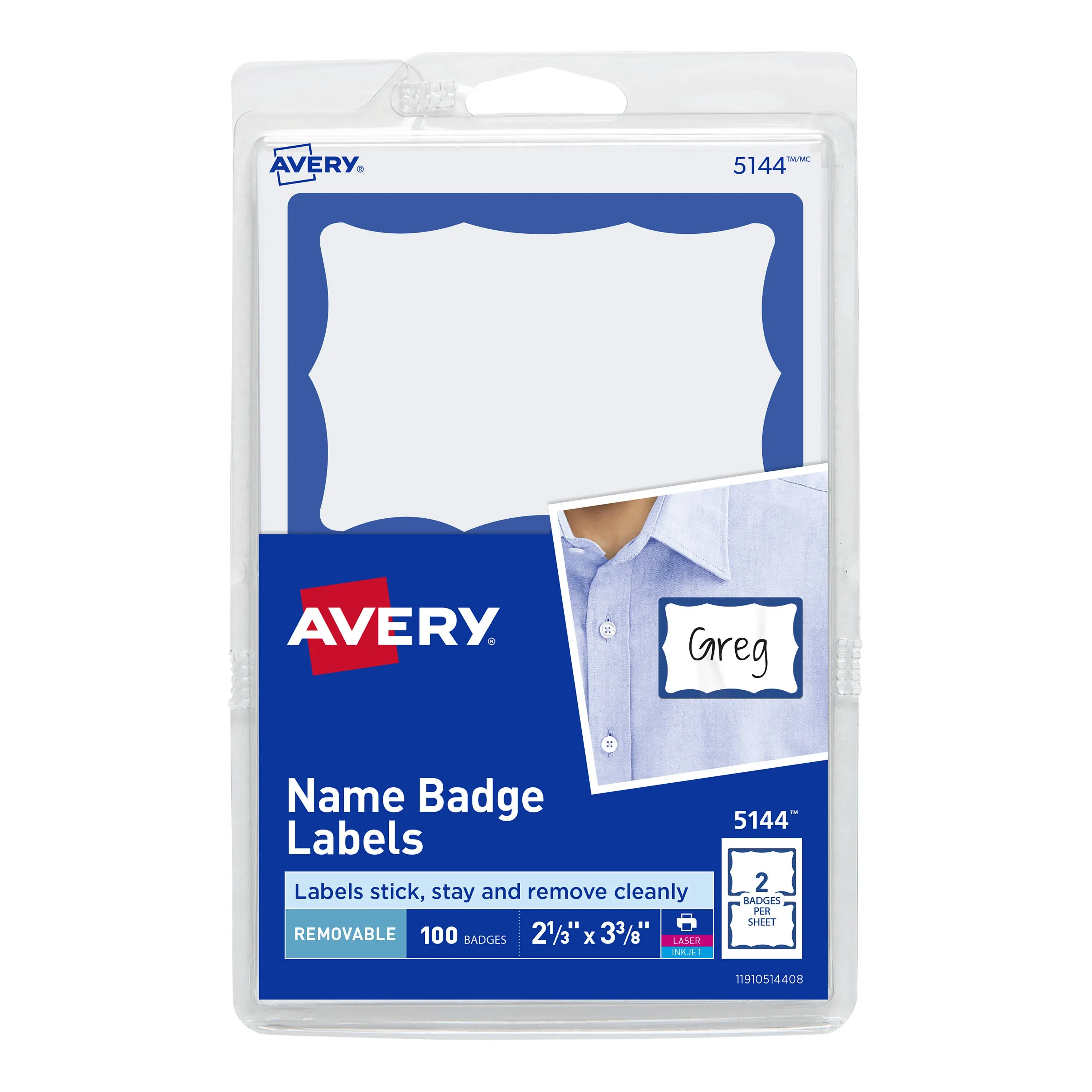 Avery Name Tags, 05144, 2-1/3" x 3-3/8", White With Blue Border, 100 Removable Name Badges